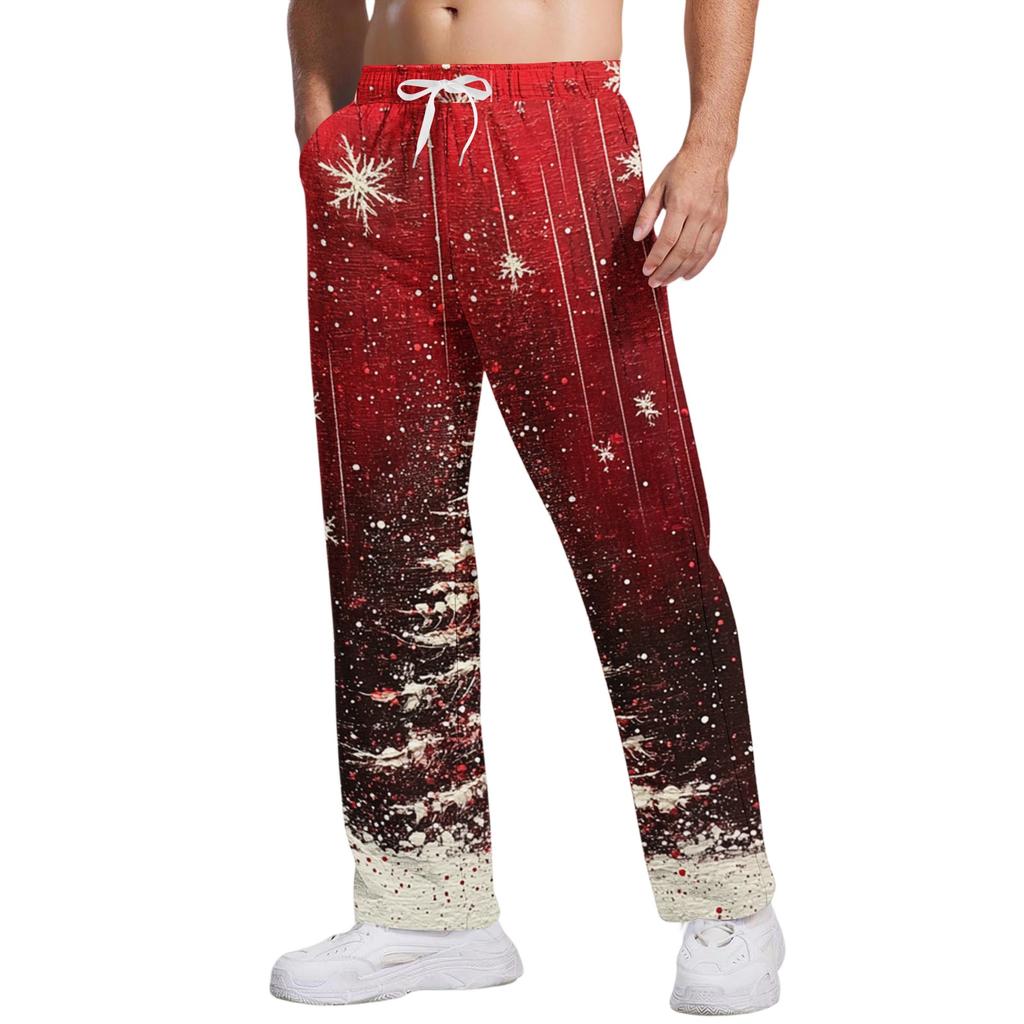 Men's Christmas Print Casual Pants, Loose Fit Straight Leg Trousers with Elastic Waist and Pockets for Holiday Party and Everyday Wear