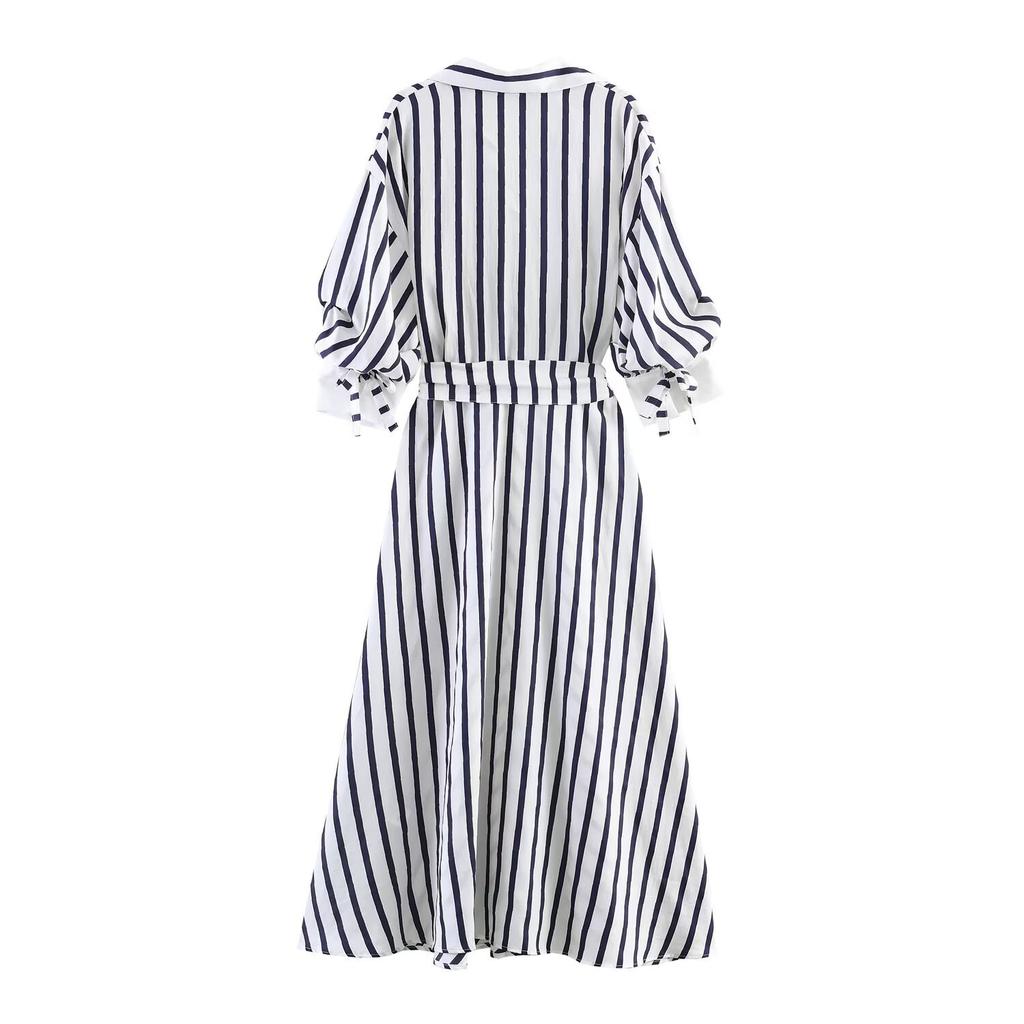 Autumn European and American Women's Clothing Medium and Long with Belt Striped Midi Dress