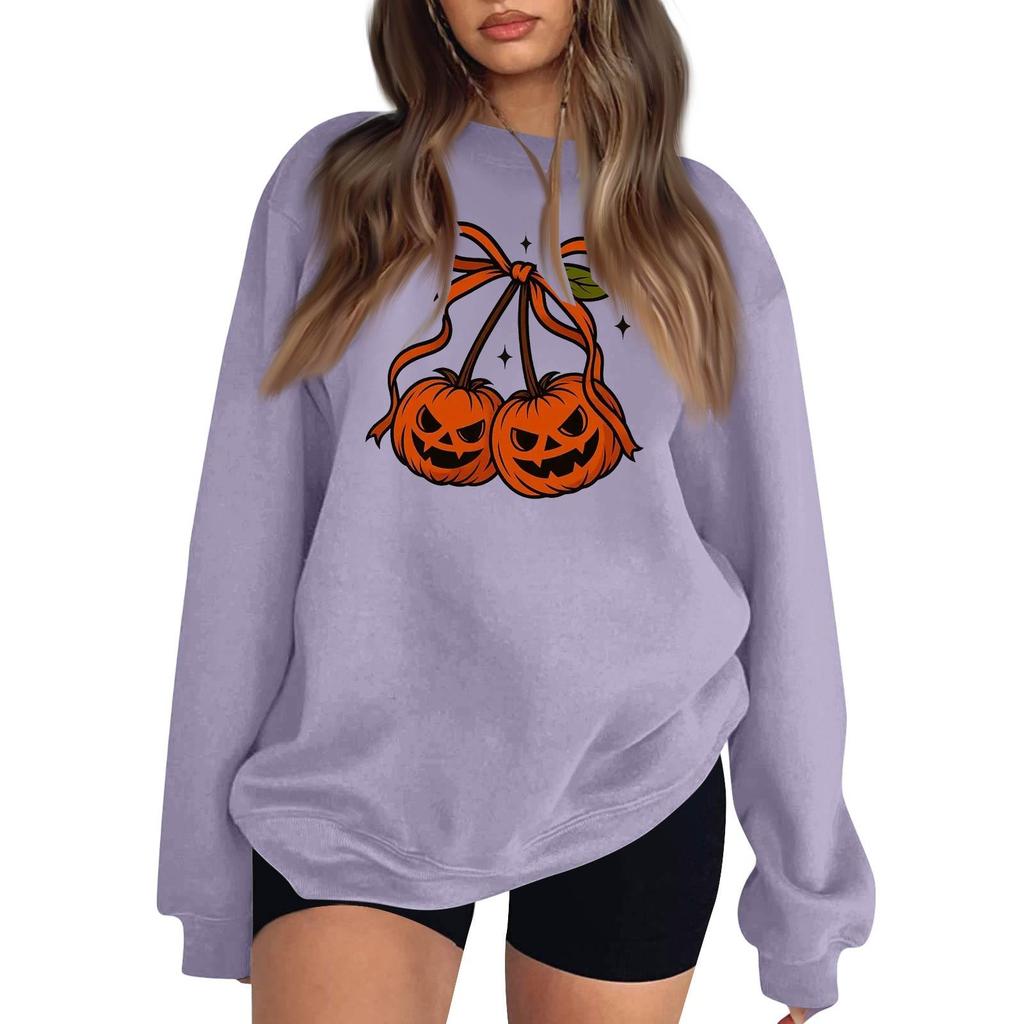 Women's Comfortable Round Neck Long Sleeve Sweatshirt Loose Fit Casual with Color and Halloween Print