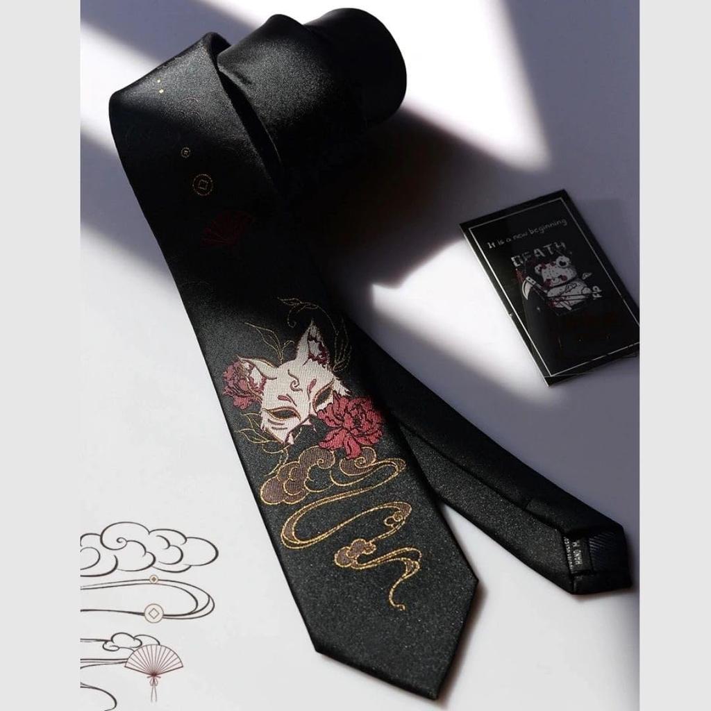 [AiO JAPAN] Necktie, Japanese Pattern, Black Nine-Tailed Fox, Gift, Small Gift, Present