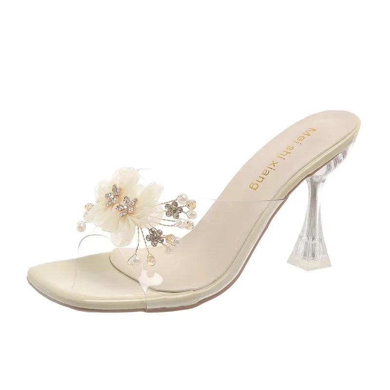 Shoes Woman Transparent Flower High Heels Slippers for Women Summer Women Crystal PVC Sandals Ladies  Mules Sandalias Mujer