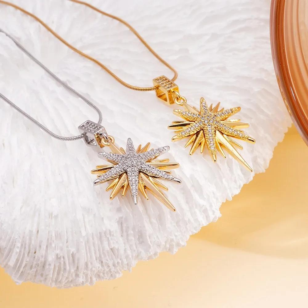 Fashion Temperament Stainless Steel Inlay Zircon Shiny Octagonal Star Pendant Necklace for Women Exquisite Charm Jewelry Gifts