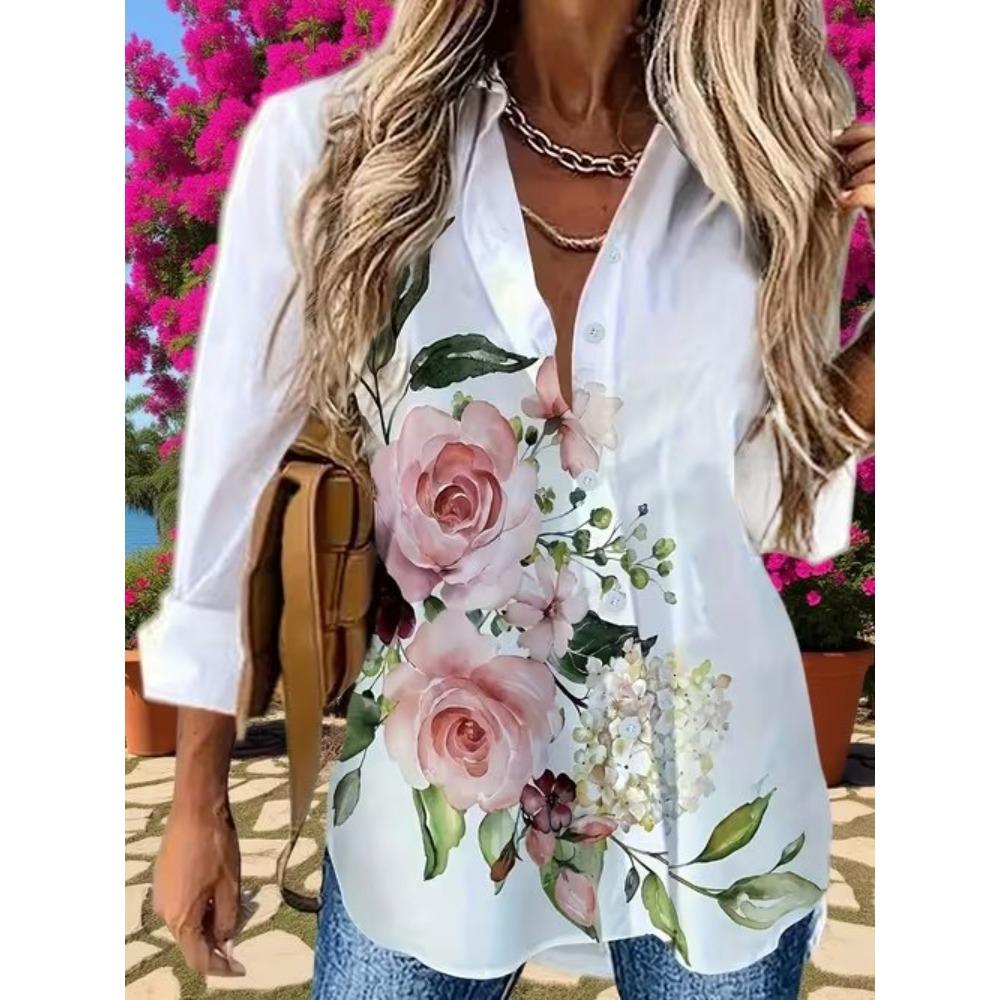 Floral Print Women Blouse Spring Autumn Femme Office Lady Button Up Turn Down Collar Shirts