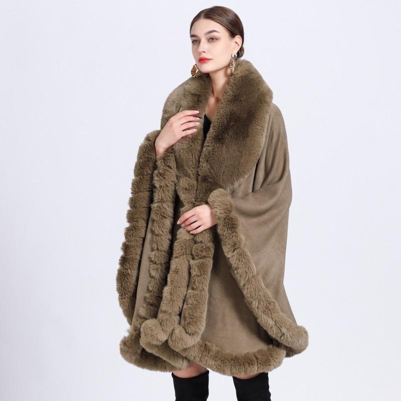 Womens Oversized Knit Cardigan With Faux Rex Rabbit Fur Collar Warm Winter Cape Shawl Coat