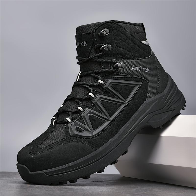 Men Black High Top Trekking Boots Breathable Mesh Patch Anti Slip Thick Lug Sole Outdoor Mountain Hiking Casual Shoes