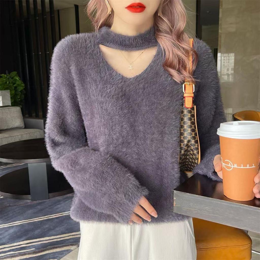 New Autumn and Winter V-neck Halterneck Sweater for Women Imitation Mink Velvet Lazy Style Loose Outer Knitted Sweater Top for Women