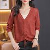 Spring and summer casual V-neck fake two-piece top drawstring design elegant hollow long-sleeved knitted lace-up blouse