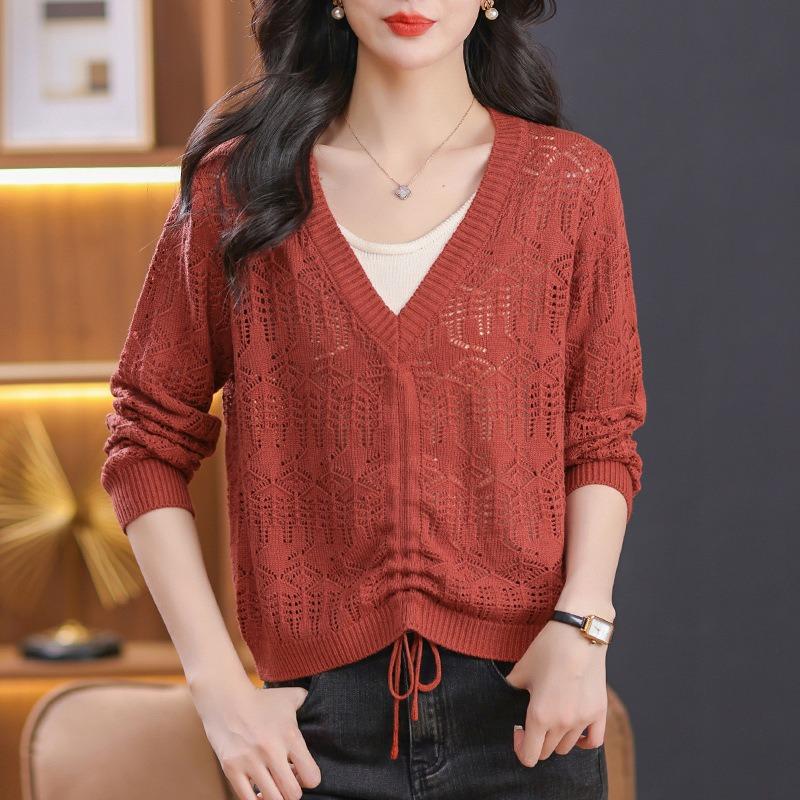 Spring and summer casual V-neck fake two-piece top drawstring design elegant hollow long-sleeved knitted lace-up blouse