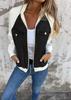 Women's Turn Down Collar Long Sleeve Denim Jacket Flared Hem Elegant Style Patchwork Zip Up Bomber Jacket Solid Color Spring Casual Outerwear