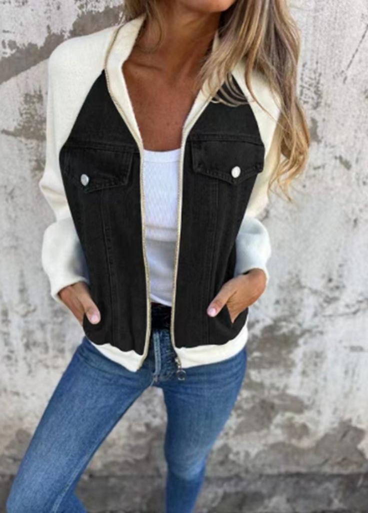 Women's Turn Down Collar Long Sleeve Denim Jacket Flared Hem Elegant Style Patchwork Zip Up Bomber Jacket Solid Color Spring Casual Outerwear