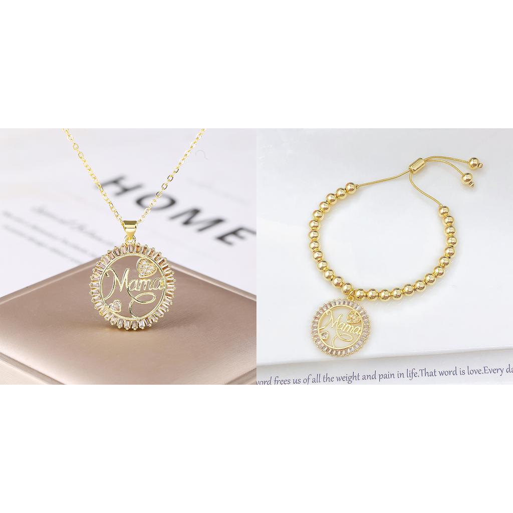 2pcs New High Quality Round Shape Mama Children Shine Zircon Bracelets Necklace Jewelry Set For Women Jewelry Mother's Day Gifts