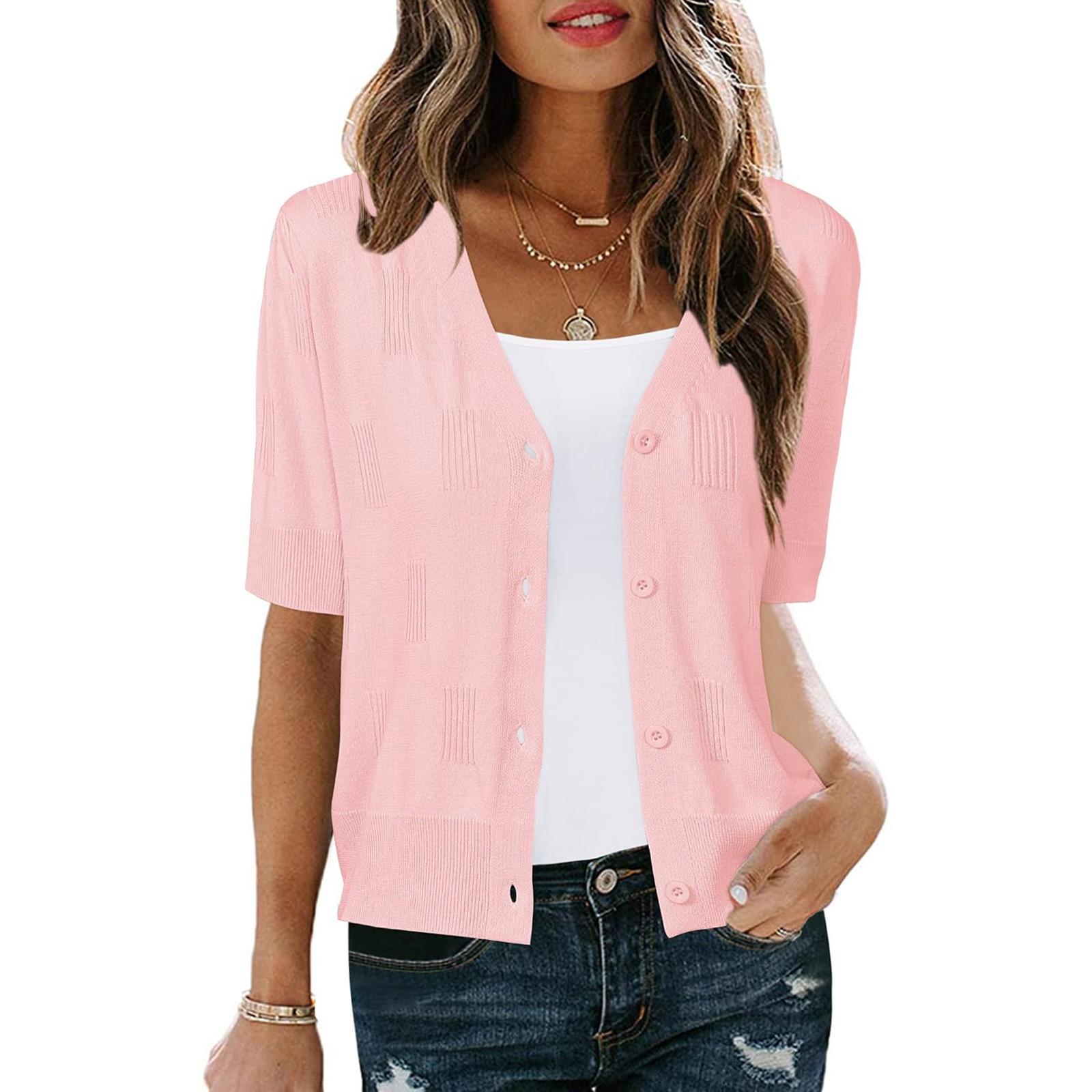 

Женский повседневный модный короткий кардиган, повседневный топ с короткими рукавами, однотонный M розовый