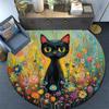 Black Cat in Flowers Round Area Rug,Carpet Rug for Living Room Bedroom Sofa Playroom Decor,Non-slip Floor Mat