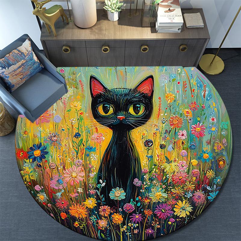 Black Cat in Flowers Round Area Rug,Carpet Rug for Living Room Bedroom Sofa Playroom Decor,Non-slip Floor Mat