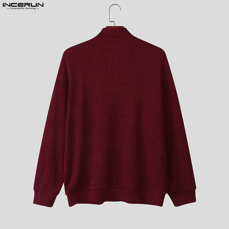 INCERUN Spring Men Stand Neck Long Sleeve Zip-up Texture Rib Knitted Pullovers Tops