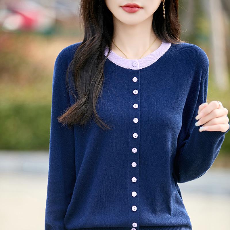 Round Neck Color Block Knit Cardigan - Women's Short Sweater for Spring & Autumn