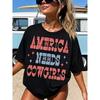 Retro America Needs Cowgirls Shirt Western 4Th Of July Tshirt Oversized Fourth Of July Tee Country Patriotic Shirt,Crew Neck Short Sleeve 100% Cotton
