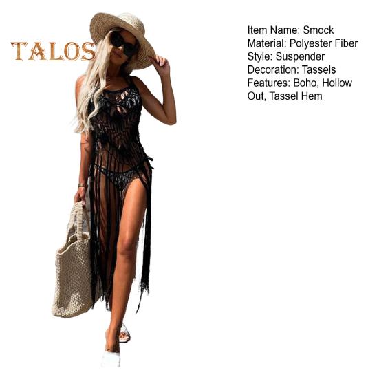 Boho-Strandkleid für Damen, hohler Fransensaum, sexy Überzugskleid, Sommer-Badeanzüge, Kittel, Häkelquaste, Sling-Strandmode