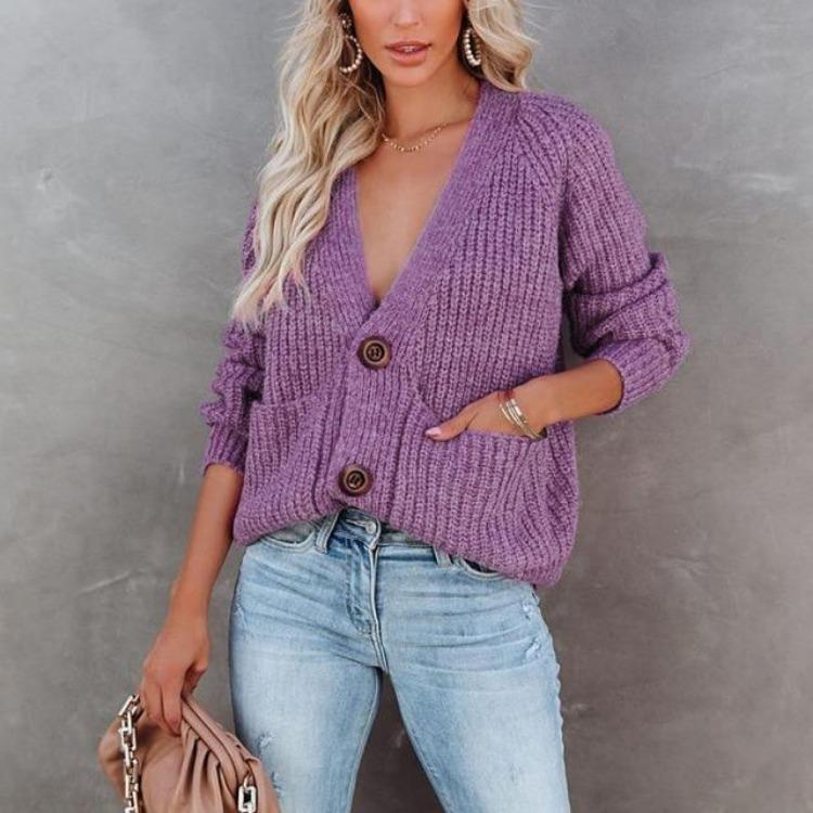 V-Ausschnitt Uni Cardigan Pullover Jacke mit langen Ärmeln für Herbst und Winter Einreiher Oberteil