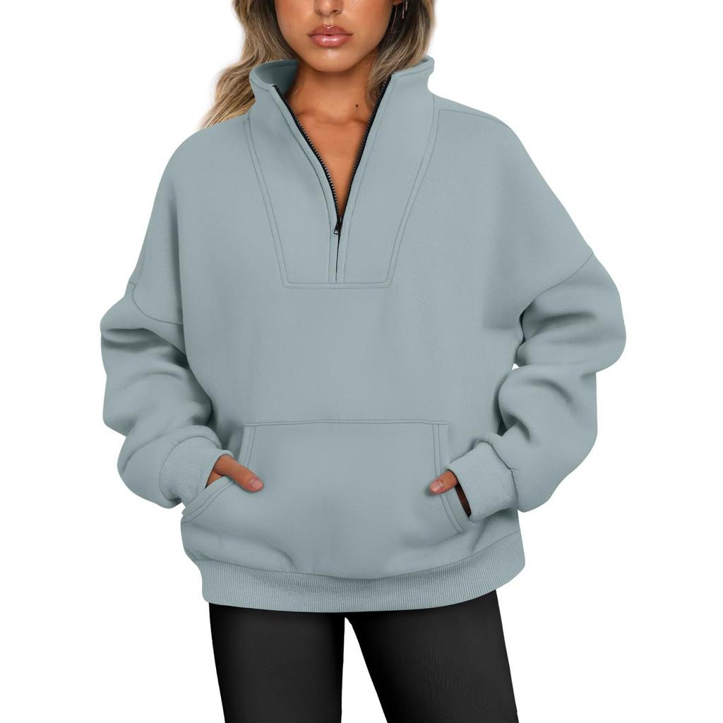 Autumn and Winter Standing Collar Solid Color Sweater Pocket Zipper Women's Casual Loose Fleece Threaded Top