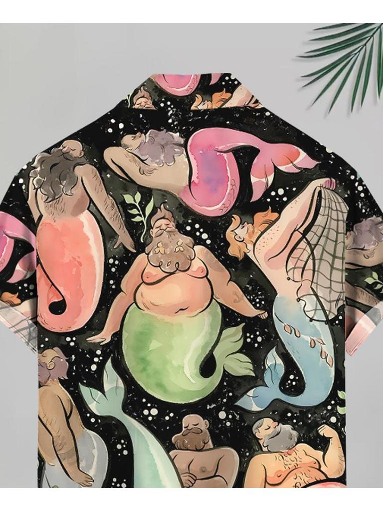 Herren Casual Kurzarmhemd, Cartoon-Meerjungfrauenmuster bedruckt, Polyester-Material, Mehrfarbig, Mehrere Spezifikationen erhältlich, Modisch
