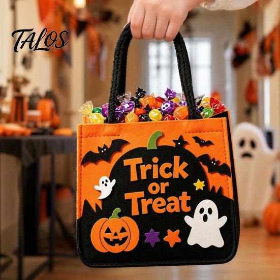 Trick Or Treat Candy Holder Halloween or Bag, Felt Goodie Bag with Pumpkin Ghost Patches, Child-friendly Large Tote for Kids, Party Favor, Haunted
