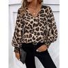 Blusa de gasa holgada informal de manga larga con estampado de leopardo y cuello en V para mujer