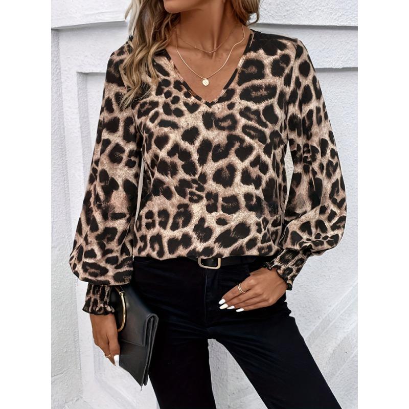 Blusa de gasa holgada informal de manga larga con estampado de leopardo y cuello en V para mujer