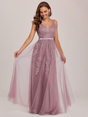 Ever-Pretty Women's Elegant See-through V-Neck Appliques Sleeveless Flowy Tulle Evening Dresses