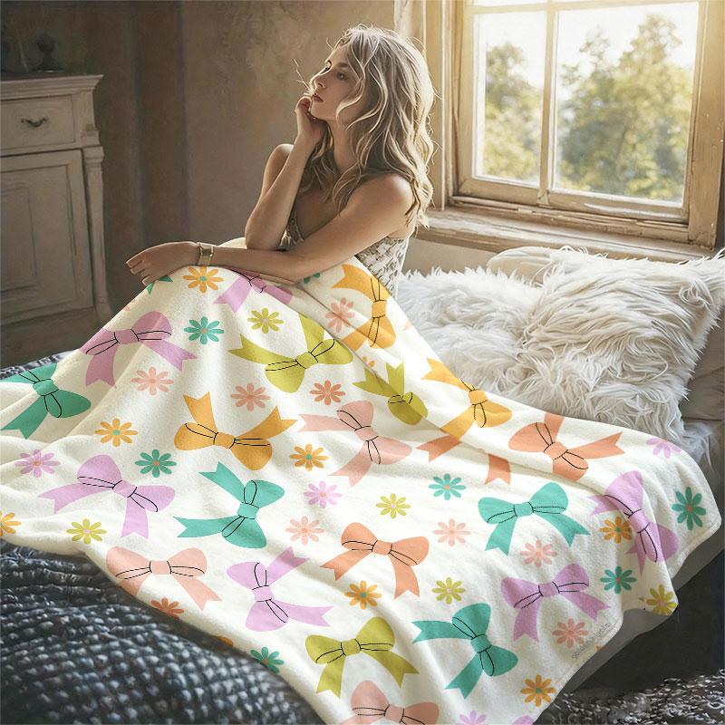 Pastel Bow Floral Flannel Blanket Warm Soft Halloween Christmas Decorative Couch Warm Cozy All-Season Gift