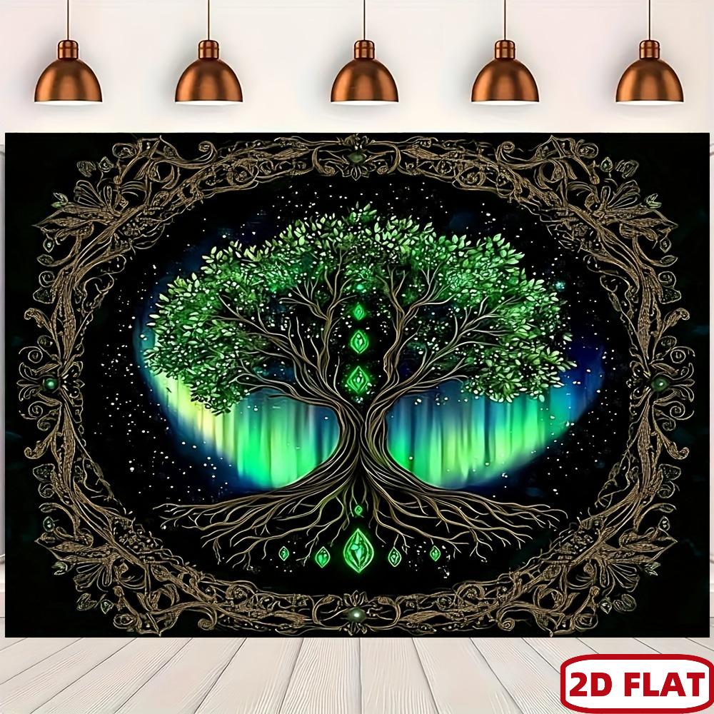 2D Flat - One Piece of a 2D Flat Banner Featuring a Boho Chic Green Leaf Mandala Tapestry, Showcasing a Mystical Tree of Life