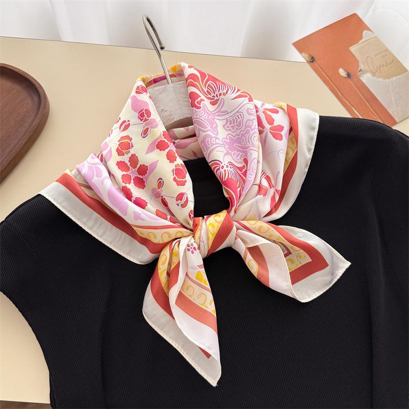 Oriental aesthetic simulation silk printing silk scarf small square scarf high-end shawl sunscreen neck scarf headscarf female