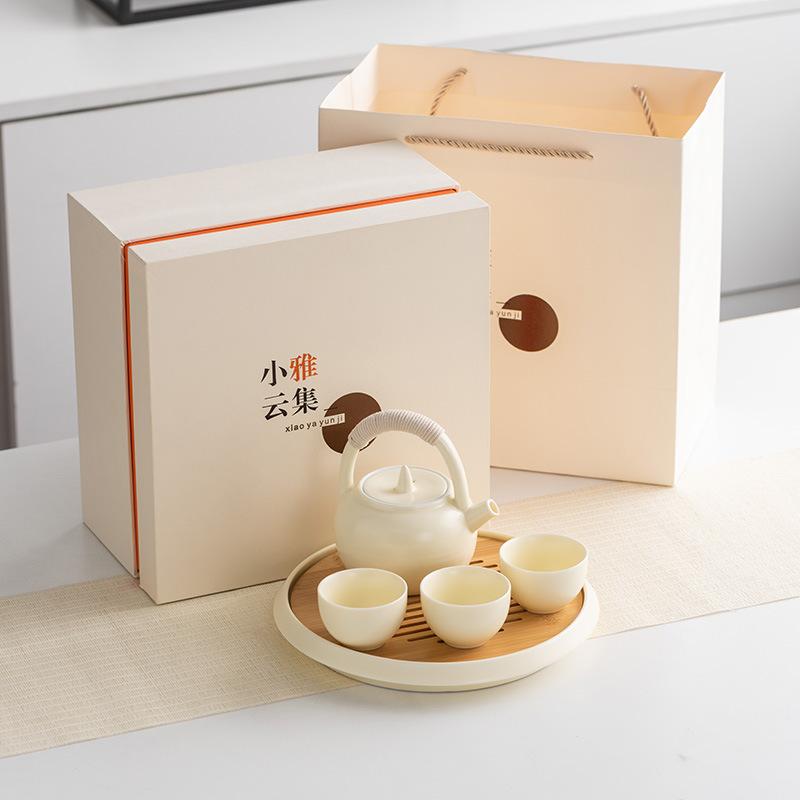 Light Luxury Xiaoya Yunji Set Cream Yellow Beam Pot Brewing Teapot Teacup Dry Brewing Plate Complete Set Household Warm Brewing Tea Stove