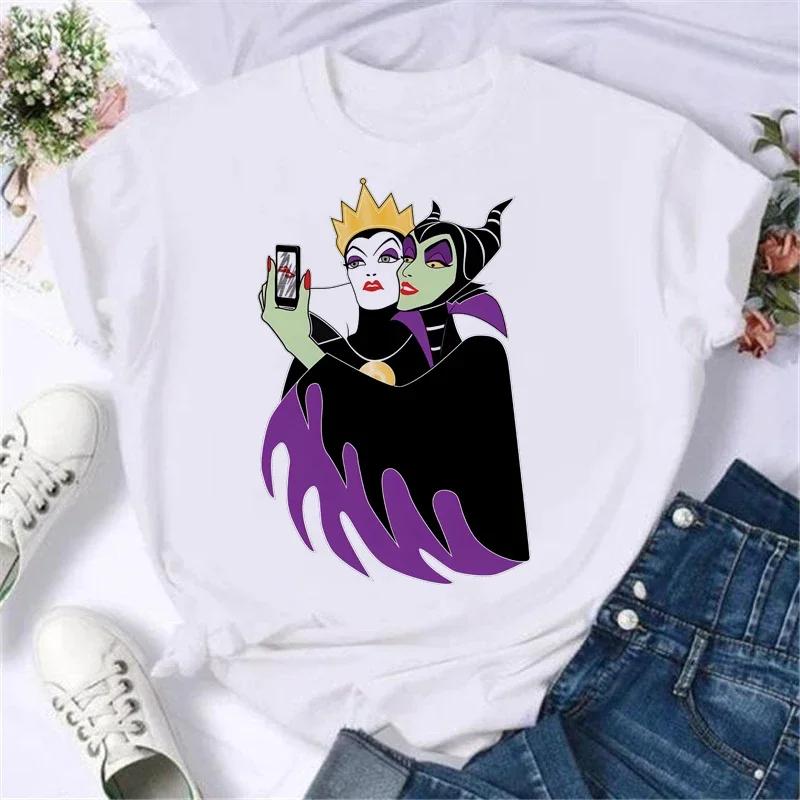 Cartoon Disney Spoof Villains Princess Print Blouse Women 90S Tshirt Summer Harajuku White Ladies T Shirts Female Y2k Tops Gift