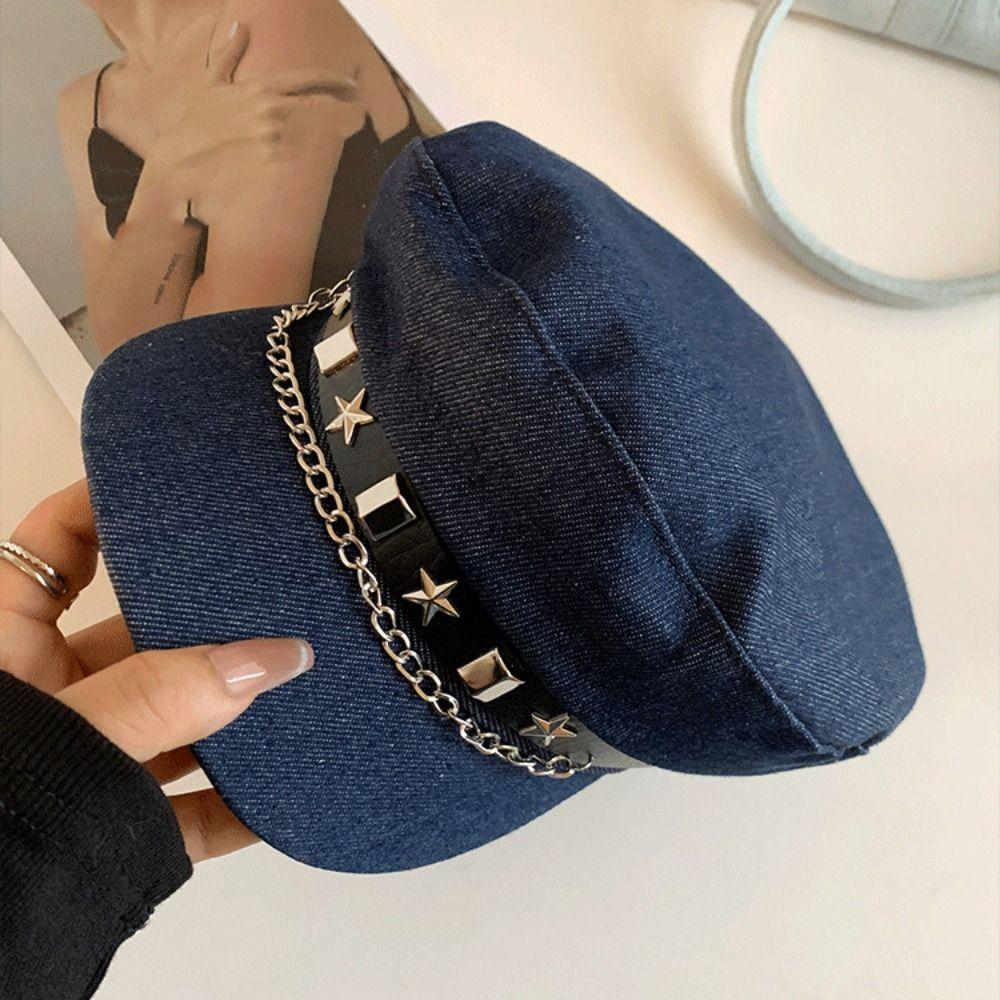 Cloth Denim Octagonal Hat Korean Style Retro Painter Hat Fashion Rivet Denim Beret  Travel
