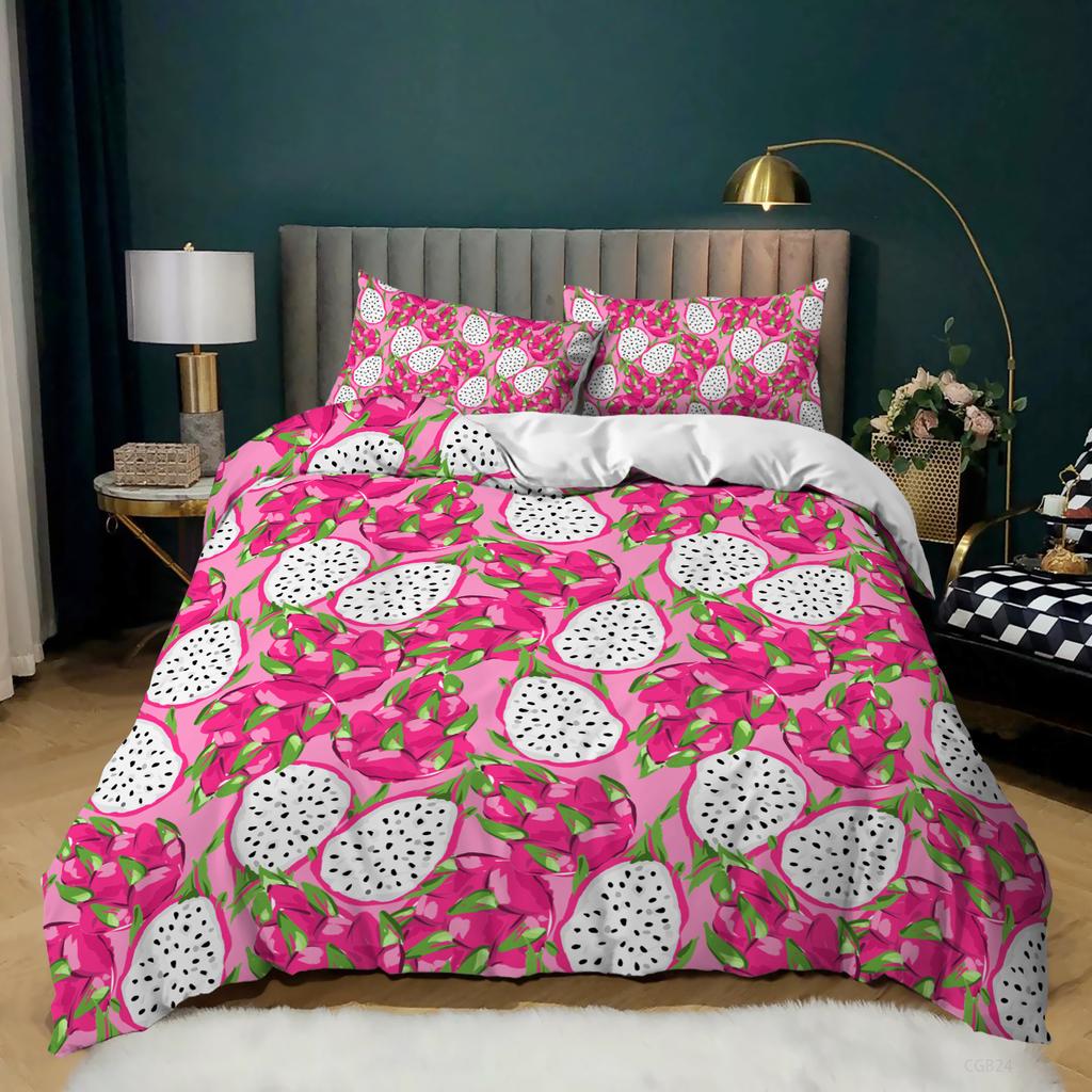 Schwarzes Bettwäscheset Bettbezug für Kinder Erwachsene Niedlicher Pitaya-Bettbezug Cartoon Tropenfrucht-Druck Tagesdecke Königin-Größe