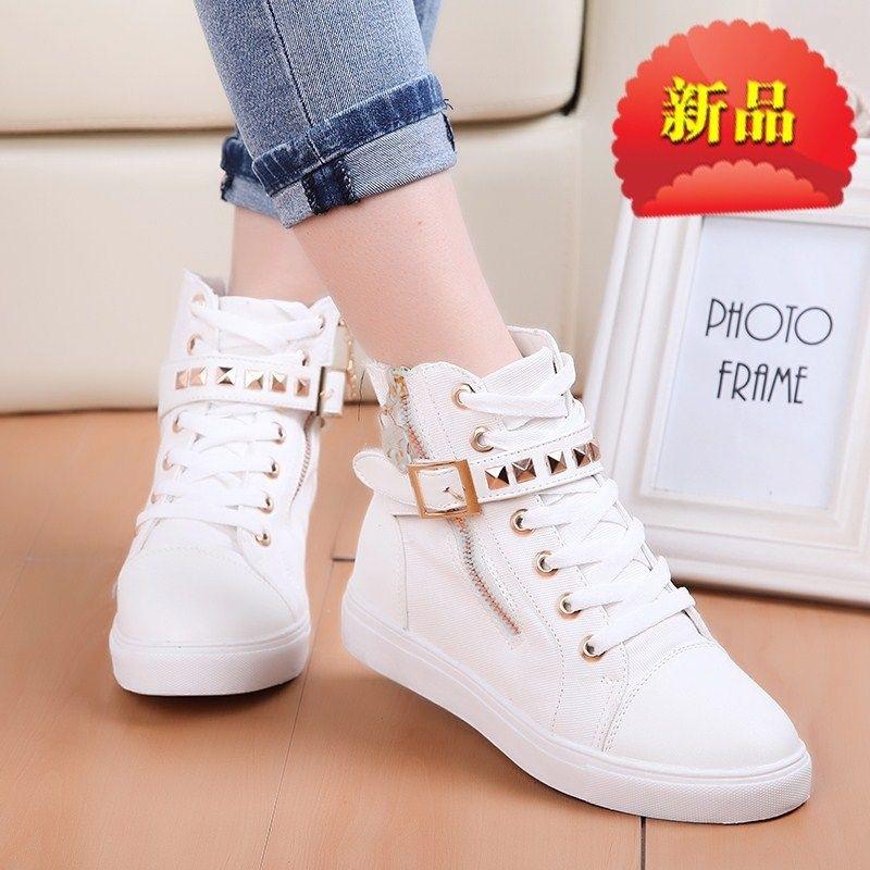 Foreign Trade Canvas Shoes Zipper Rivet Belt Buckle Shoe Chain High-top Leisure Sports Women's Shoes Size 43 Versatile Martin Boots