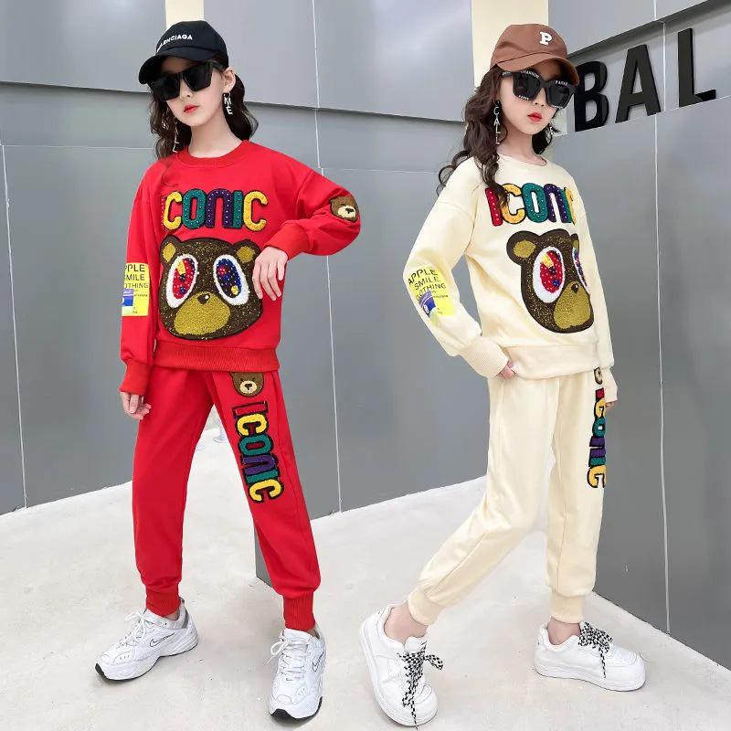 Girls' Trendy Spring Two-Piece Suit: Stylish Sweater & Print Sports Leisure Set
