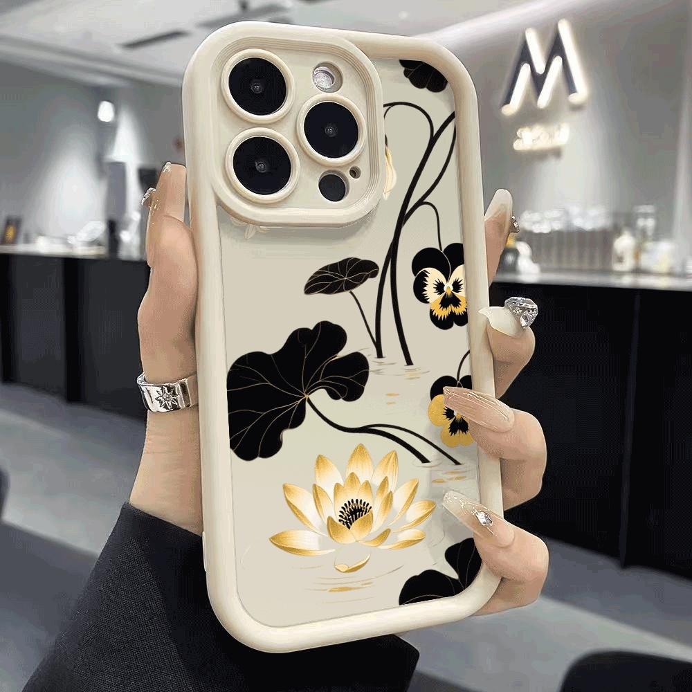 Golden Lotus & Black Lily Pads Phone Case for Xiaomi Redmi Note 14 13 12 11 10 9 8 7 Pro Shockproof Anti-Slip Soft TPU Cover