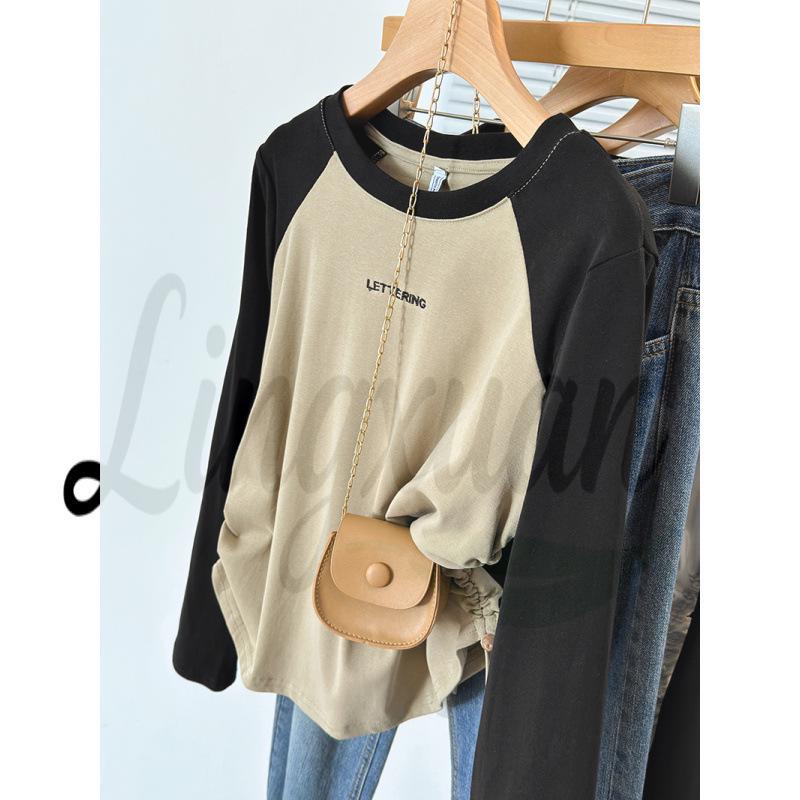 

2026 Spring Plus Size Women s Color Block Raglan Sleeve T-shirt with Letter Print - Korean Style 4XL армія зелений колір