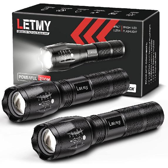 LETMY Tactical Flashlight S2000-2 Pack Bright Military Grade LED Flashlights High Lumens - Portable Handheld Flash Light, 5 Modes Zoomable Waterproof
