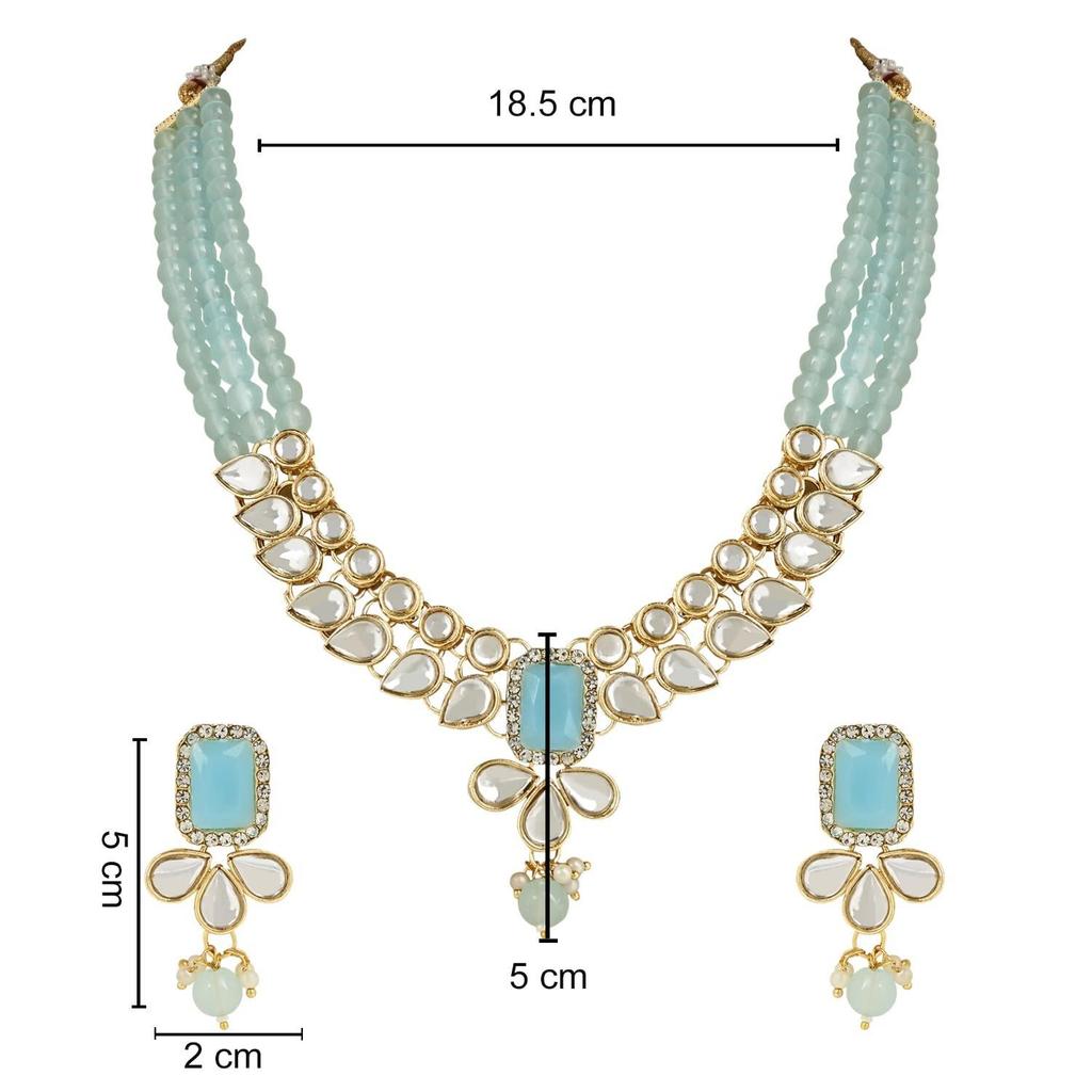 18K Gold Plated Traditional White Kundan Studded Multi Layer Pearl Necklace Jewellery Set with Dangle Earrings for Women