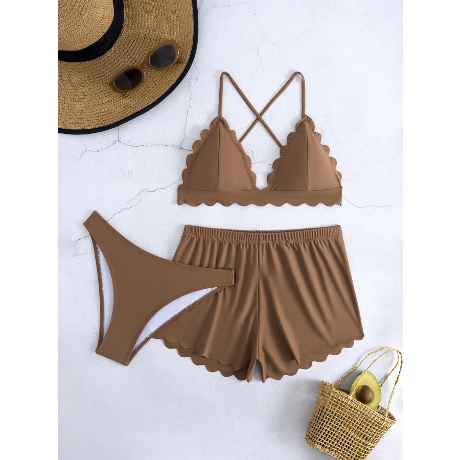 Women's 3 Piece Swimsuit Set Sexy Tie Side Bikini with Skirt Cover Up, Solid Color Swimwear for Summer Beach Vacation 0963