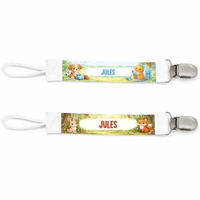 Planetee Lot de 2 Attaches Tétine pour Jules Animaux Mignons - Attache Sucette Personnalisée Bébé Garçon Cadeau Naissance
