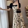Elegant French Style Spliced Square Collar Female Vintage Printed A-Line Waist Summer Fashion Puff Sleeve Midi Dress New
