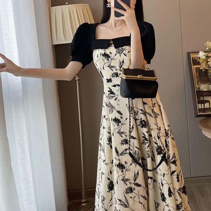 Elegant French Style Spliced Square Collar Female Vintage Printed A-Line Waist Summer Fashion Puff Sleeve Midi Dress New