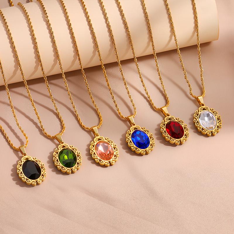 European & American Fashion Exquisite Titanium Steel Necklace with Colorful Zircon & Geometric Pendant for Women