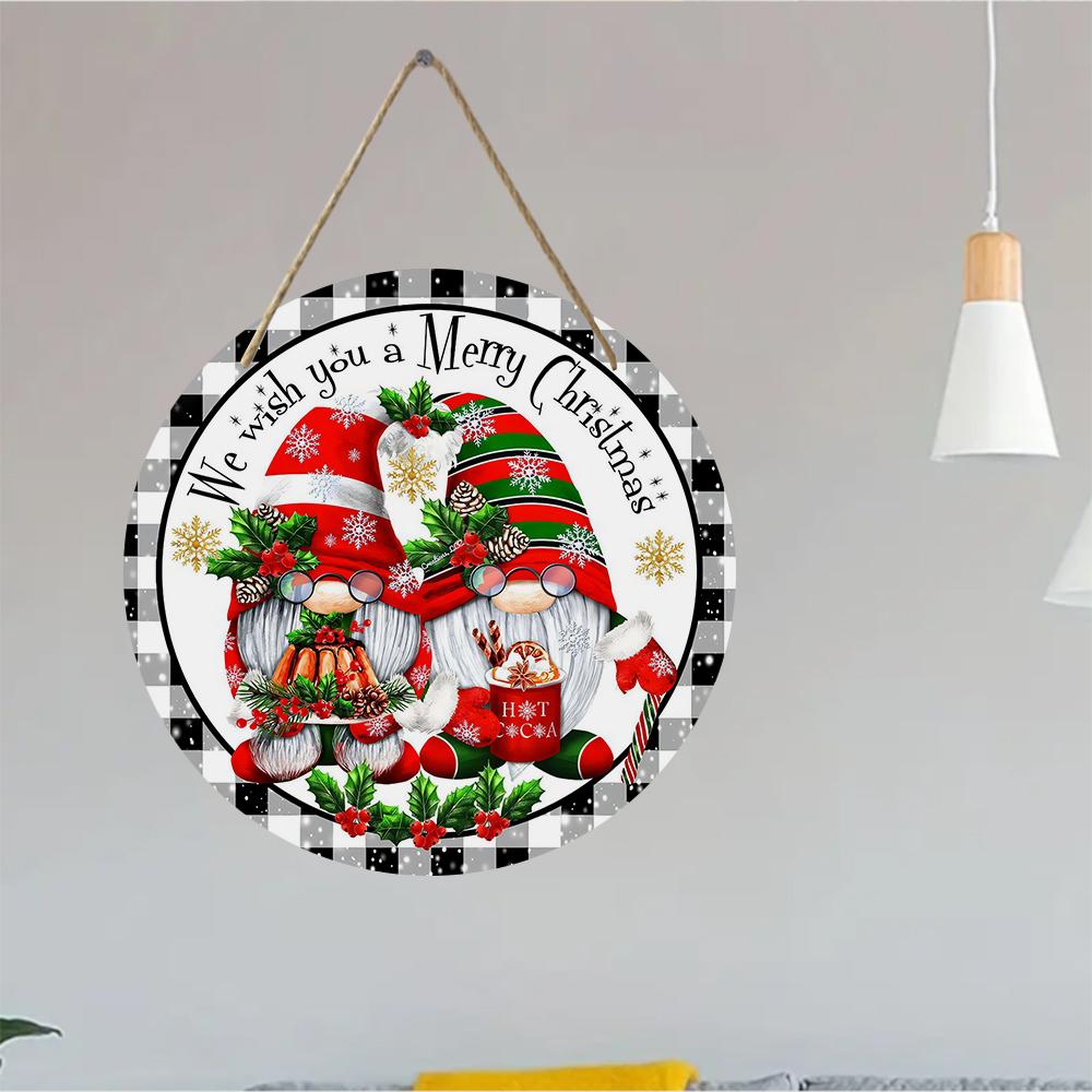 Buffalo Plaid Christmas Gnome Art Round Wooden Hanging Plaque Farmhouse Wall Sign Rustic Door Decor Winter Holiday Home Party Supplies