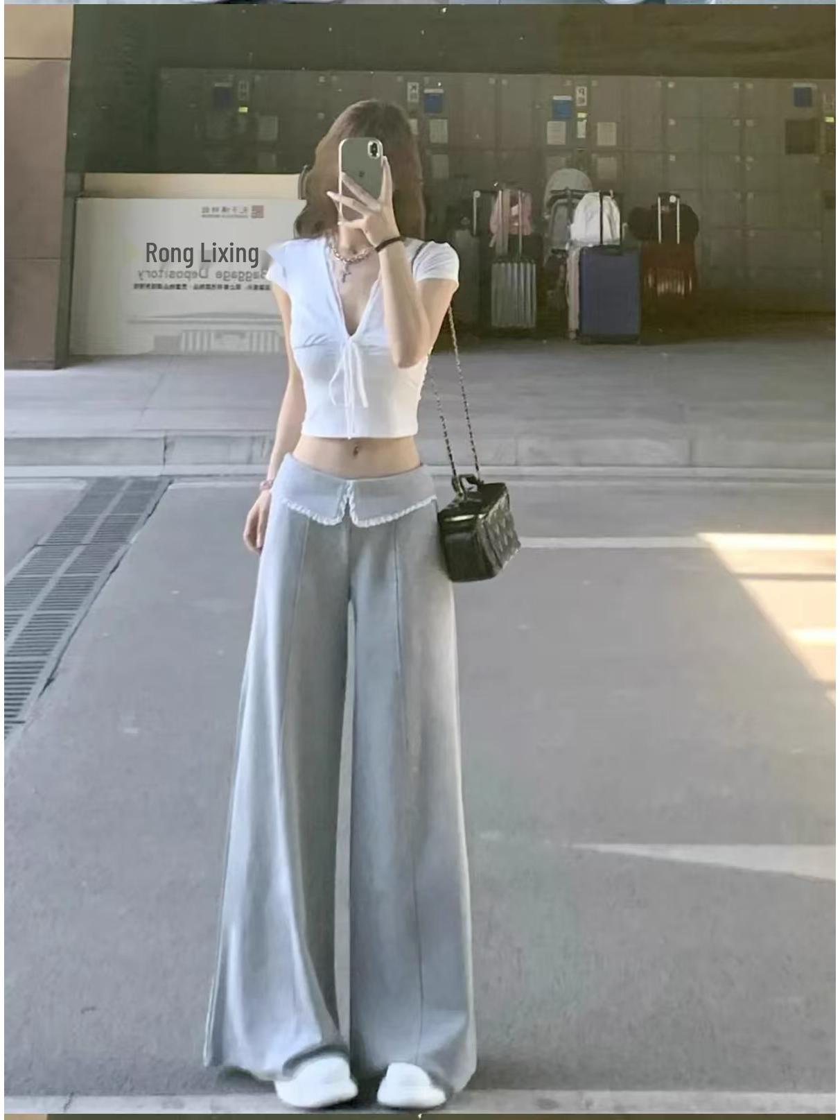 

Women s Gray Wide-Leg Knit Sweatpants with Lace Trim - Spring/Summer Floor-Length Casual Fit XXL