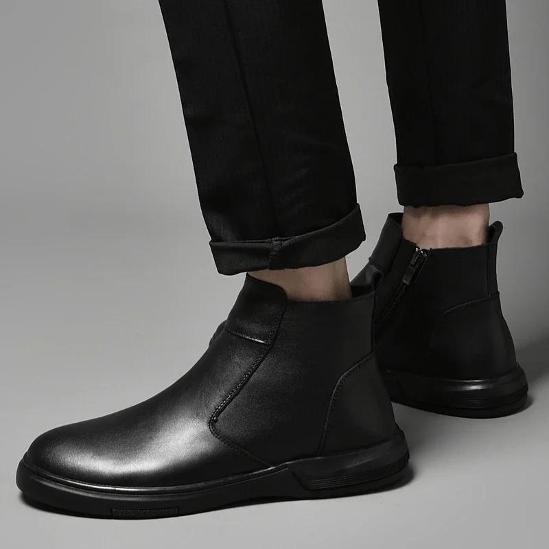 Men's Shoes 2024 Hot Sale Zipper Men's Boots Winter Round Toe Solid Plush Warm Comfortable Short Barrel Low-heeled Fashion Boots